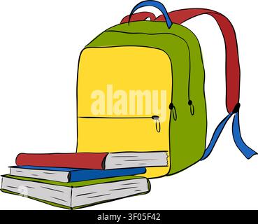 pile text books school with schoolbag School composition colored hand drawn illustration. Vector graphic line ink art. Sample poster, invitation, holi Stock Vector