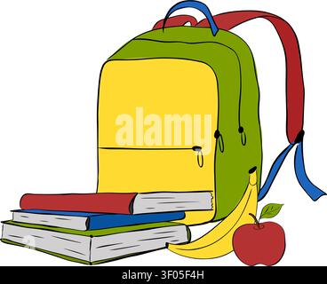 Books with bag, banana and apple School composition colored hand drawn illustration. Vector graphic line ink art. Perfect for logo, branding, packagin Stock Vector