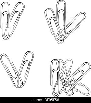 set of colorful paperclips School composition Black and white hand drawn illustration. Vector graphic line ink art. Banner, poster, wrapping paper, st Stock Vector