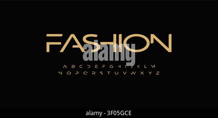 Minimal Geometric Futuristic Font Logo Alphabet Bold Wide Letters Modern Typography, Golden Typographic Design for Abstract Premium Title Text, Typo Stock Vector