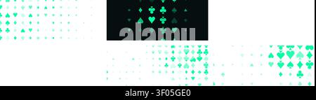 Casino poker suits pattern with neon green spades, hearts, clubs, diamonds on dark background for online gambling. Playing card games backdrop for Stock Vector