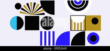 Geometric Shapes Pattern Design, Abstract Bauhaus Background, Circle Square Rectangle Geomatry Pattern. Black Navy Blue Beige Color BG, Mid Century Stock Vector