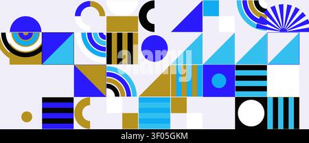 Geometric Shapes Pattern Design, Abstract Bauhaus Background, Circle Square Rectangle Geomatry Pattern. Black Navy Blue Beige Color BG, Mid Century Stock Vector