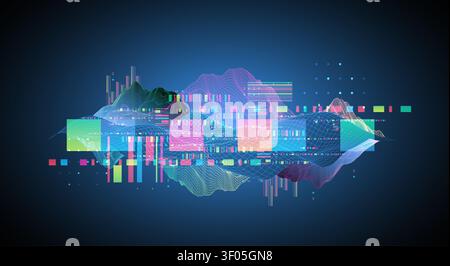 Abstract digital data visualization with colorful neon waveforms, wireframe grids, and geometric glitch elements on a dark blue background. Vector. Stock Vector