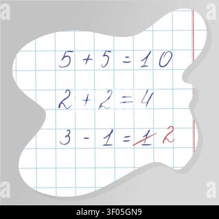 Minimalist School Vector Scrap of Squared Notebook Paper with Handwritten Child Math Homework and Corrected Mistake for Education Branding Design Stock Vector