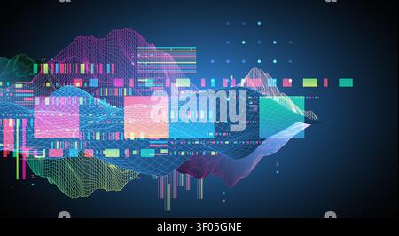Abstract digital data visualization with colorful neon waveforms, wireframe grids, and geometric glitch elements on a dark blue background. Vector. Stock Vector