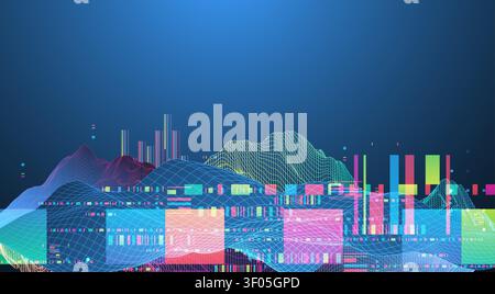 Abstract digital data visualization with colorful neon waveforms, wireframe grids, and geometric glitch elements on a dark blue background. Vector. Stock Vector