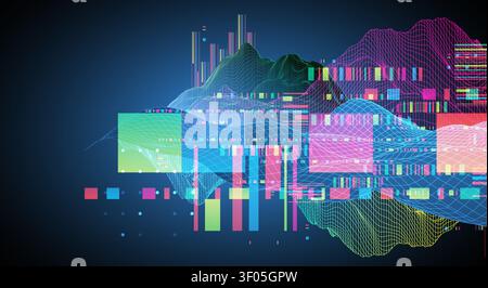Abstract digital data visualization with colorful neon waveforms, wireframe grids, and geometric glitch elements on a dark blue background. Vector. Stock Vector