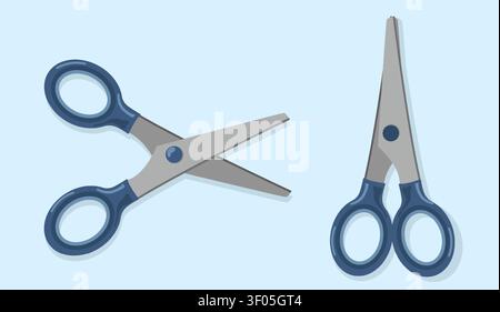 Minimalist Scissors Set Vector Top View of Sharp Steel Office Shears with Blue Plastic Handles for Creative Craft Education and School Design Asset Stock Vector