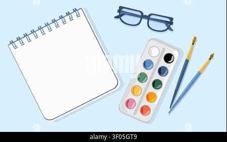 Minimalist Art Studio Vector Top View with Open Sketchbook Watercolor Paint Palette Brushes and Eyeglasses for Creative Education Branding Design Stock Vector