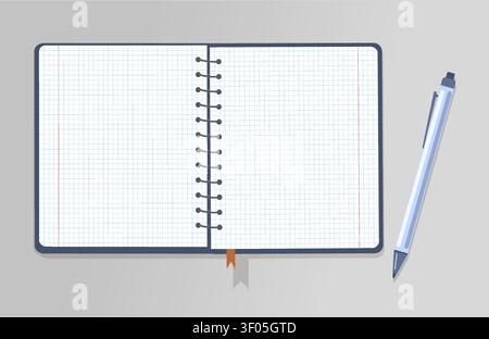 Minimalist Open Notebook Vector Top View with Squared Grid Pages Spiral Ring Binder and Pen for Education School Study Business Branding Design Asset Stock Vector