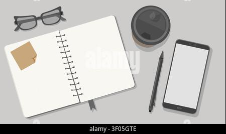 Minimalist Workspace Vector Top View with Open Dotted Notebook Smartphone Mockup Eyeglasses Coffee Cup and Pen for Business Branding Design Asset Stock Vector