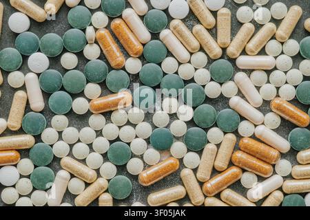 Full frame background pattern of various multi colored medical pills pharmaceutical tablets and gelatin supplement capsules mixed together on a surfac Stock Photo