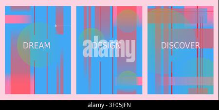 Set of 3 Vibrant Abstract Posters with Geometric Digital Elements Stock Vector