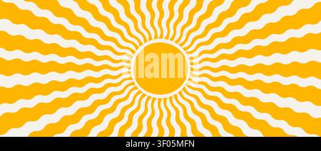 Groovy retro sun patterns with psychedelic rays and bold wavy shapes. Summer vibes meet 70s vintage design in vibrant yellow sunburst illustrations Stock Vector