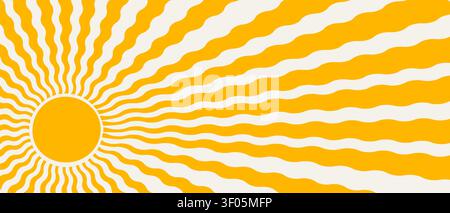 Retro psychedelic sunshine illustrations with wavy rays and geometric shapes. Bold 70s-inspired abstract designs featuring radial bursts, vibrant Stock Vector