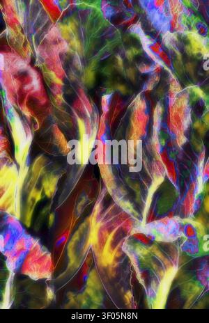 Abstract composition of colorful leaves and botanical textures in a vivid, repetitive arrangement. Stock Photo