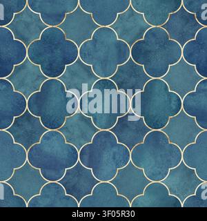 Seamless watercolor geometric pattern featuring elegant clover leaf shapes with textured deep blue background. Decorative repeat design for wallpaper, Stock Photo
