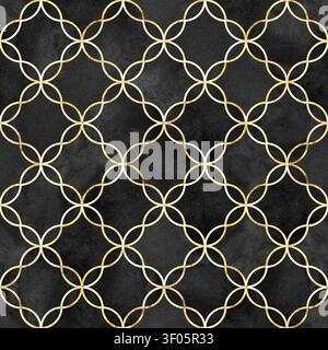 Seamless watercolor trellis pattern with textured black background and elegant gold outline. Luxury geometric repeat for wallpaper, fabric, textile, w Stock Photo
