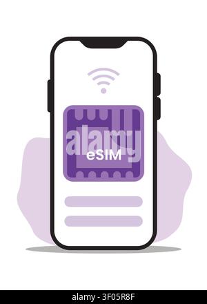Modern flat vector illustration featuring eSIM technology displayed on a smartphone screen with wireless connectivity, ideal for mobile networks, tele Stock Vector