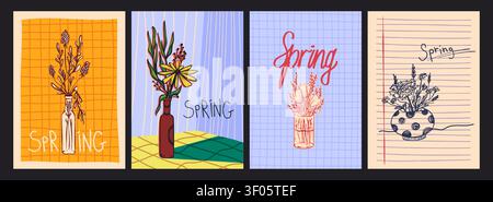 Hand drawn vases with bouquets, vintage sketch vector posters. Spring set of illustrations with flower bunches. Simple postage stamps with floral composition in retro style, botanical line art frames Stock Vector