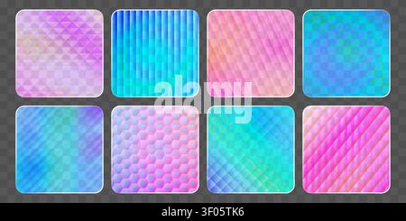 Ribbed glass panels with geometric color pattern. Vector realistic illustration of transparent corrugated plastic frames with overlay effect and soft gradient, modern product display design elements Stock Vector