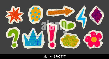 Cute paper sticker collection isolated on black. Vector realistic illustration of hand drawn color crayon heart, star, arrow, flower, crown, question signs on cut notebook sheet, creative school icons Stock Vector