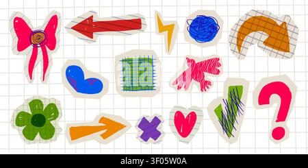 Cute paper sticker set icons isolated on white background. Vector realistic illustration of hand drawn color crayon heart, bow, lightning, flower, question , check mark sign on cut notebook sheet Stock Vector