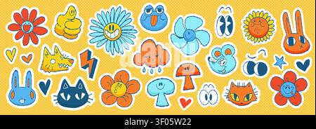 Trendy Y2K characters sticker pack with groovy smiling faces, funny flowers, bunny, mouse and cat retro cartoon vector icons. Cute happy and angry emoticons patch with eyes in cool pop art style Stock Vector