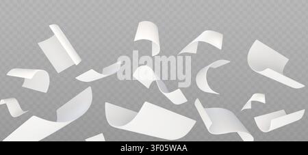 Flying paper sheets isolated on transparent background. Vector realistic illustration of white document or notebook papers swirl in air, letters fall and curl in wind, office work flow, paperwork mess Stock Vector