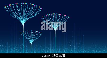 Abstract ai data flow vector background. Neon glowing blue stream, neural networks algorithm, big data analysis model and digital technology concepts with dynamic line patterns and connected particles Stock Vector