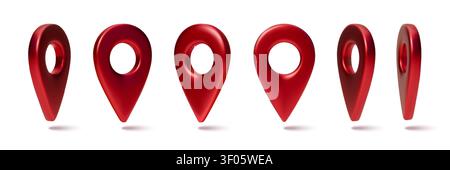 Red 3D map pins, vector icons isolated on white background. GPS location marker for navigation apps, travel routes, and destination points with realistic design. Geo tags in different positions Stock Vector