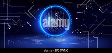 Neon Earth's globe with glowing blue network lines and motion effect, abstract vector background. 3d world map visualization with arrows, connected data points, digital sphere for technology design Stock Vector