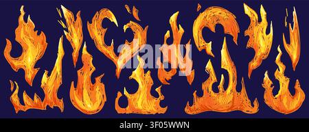 Fire doodle frames set with blazing flames isolated on black background. Vector realistic illustration of burning border and corner designs, heart and different shape elements for sketch graphic Stock Vector