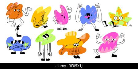 Cute doodle blobs with expressive faces and colorful crayon textures, vector icons isolated on white background. Hand drawn abstract characters with playful emotions for childish design Stock Vector