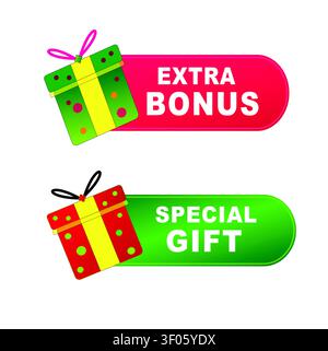 Gift box with extra bonus and special gift text labels on white background festive design elements with each accompanied rounded Stock Vector