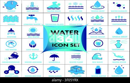 Modern Water Icon Set Collection with Blue Gradient Liquid Symbols, Clean Aqua Vector Elements for Hydration, Weather, Plumbing, Environment, and Eco Stock Vector
