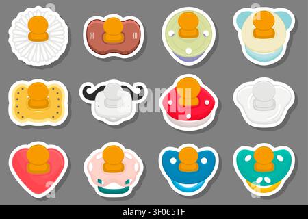 Illustration on theme big colored set baby pacifiers, dummy with rubber nipple, baby pacifiers consisting of collection to newborn, good dummy nipple, Stock Vector
