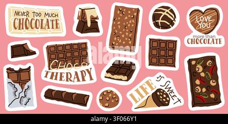 Chocolate quotes typography sticker set hand drawn vector for funny merch Stock Vector