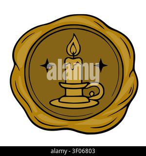 Golden wax seal stamp with burning candle illustration vector Stock Vector