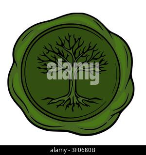Green wax seal stamp with tree of life symbol vector illustration Stock Vector