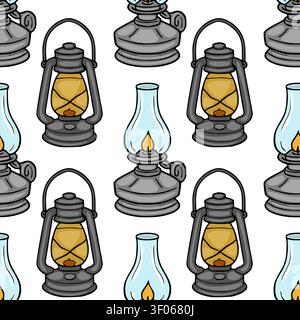 Seamless pattern with vintage oil lamps, vector illustration of antique kerosene lanterns Stock Vector