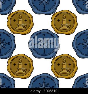 Seamless vector pattern with wax seals featuring vintage candle and compass rose designs Stock Vector