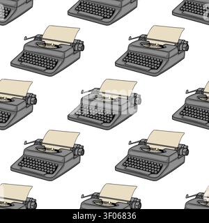 Seamless pattern with retro typewriter illustration, vintage writing machine vector background Stock Vector