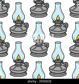 Seamless pattern with vintage oil lamps, vector illustration of retro kerosene lanterns with glowing flame Stock Vector