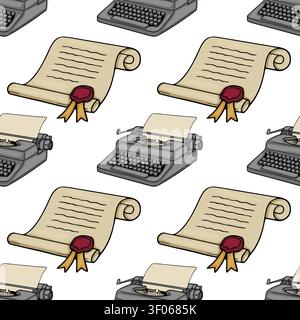 Seamless pattern with retro typewriter and vintage scroll vector illustration Stock Vector