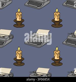 Seamless vector pattern with vintage typewriters and burning candles on a blue background Stock Vector