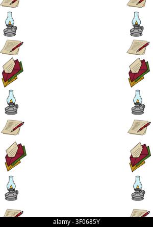 Seamless vertical border vector with vintage writer stationery, oil lamps, and envelopes for creative projects Stock Vector