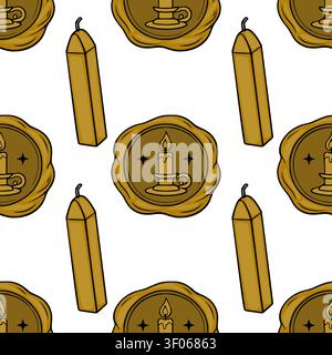 Seamless pattern with wax seal stamps and gold sealing wax sticks vector illustration Stock Vector