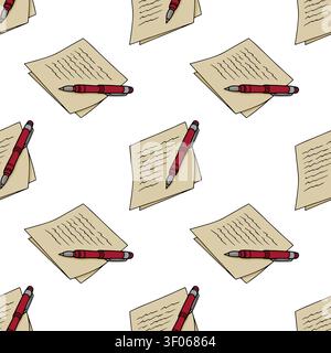 Seamless pattern with hand drawn red pens and handwritten notes on paper sheets vector illustration Stock Vector